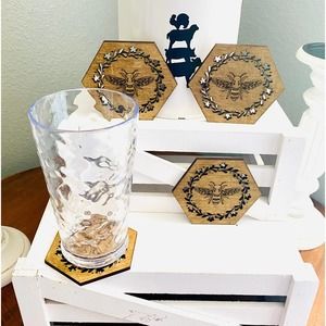 New Set of 4 Queen Bee Wood Bee Themed Hexagon Bee Coasters (QB)